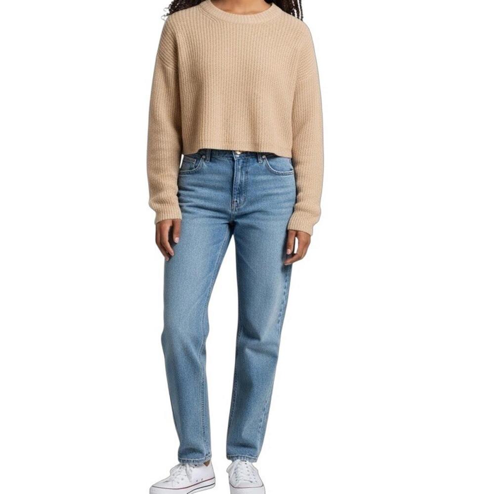 Reformation XS Wool Cropped Sweater Women Beige Tan Long Sleeve Knit Pullover